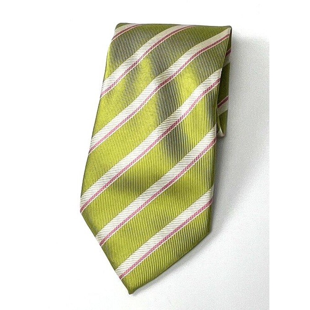 Paul Smith 100%‎ Silk Wide Tie Textured Lime Green Stripe Italy Made Designer 4"